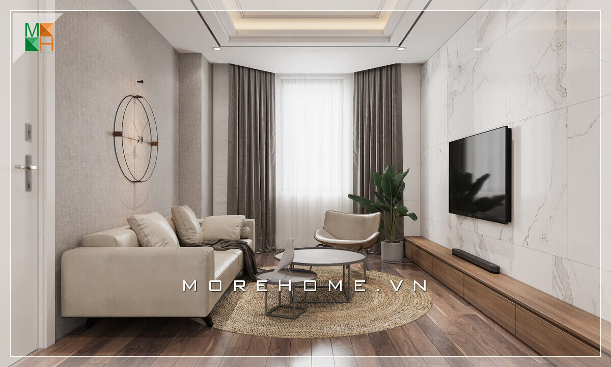 Bộ bàn ghế sofa phòng khách hiện đại tuy khá đơn giản nhưng thiết kế phù hợp với không gian diện tích phòng khách chung cư, nhà phố nhỏ. Thiết kế chung cư hiện đại