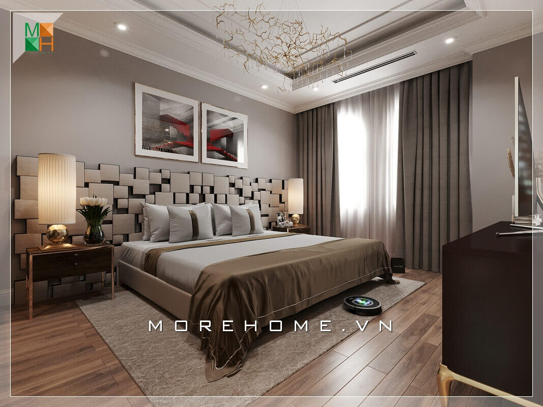 Mẫu giường ngủ khung gỗ, độc đáo với lối thiết kế lạ mắt đầu giường ngủ hiện đại tạo sự thu hút ánh nhìn. Thiết kế chung cư hiện đại